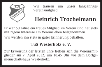 Traueranzeige von Heinrich Trochelmann von KREISZEITUNG SYKE