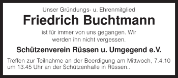 Traueranzeige von Friedrich Buchtmann von KREISZEITUNG SYKE