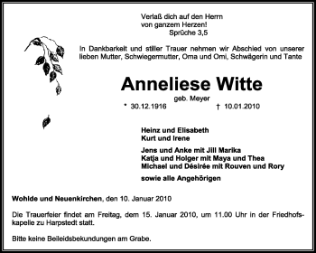 Traueranzeige von Anneliese Witte von KREISZEITUNG SYKE