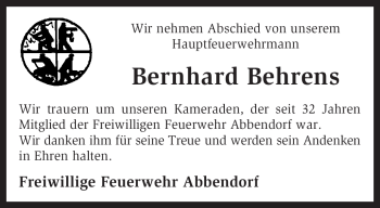 Traueranzeige von Bernhard Behrens von KREISZEITUNG SYKE