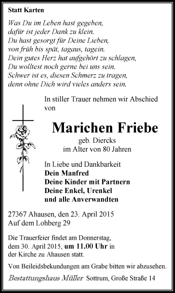 Traueranzeige von Marichen Friebe von KRZ