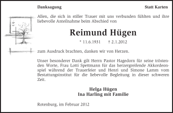Traueranzeige von Reimund Hügen von KREISZEITUNG SYKE