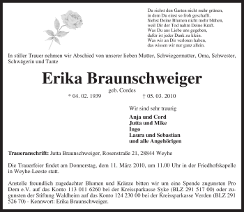 Traueranzeige von Erika Braunschweiger von KREISZEITUNG SYKE