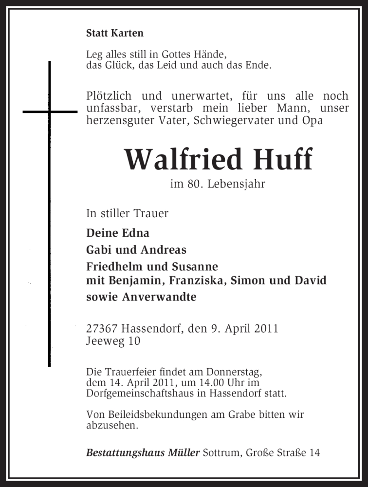  Traueranzeige für Walfried Huff vom 11.04.2011 aus KREISZEITUNG SYKE