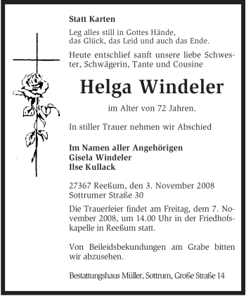 Traueranzeige von Helga Windeler von KREISZEITUNG SYKE