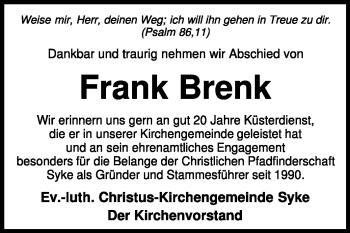 Traueranzeige von Frank Brenk von KREISZEITUNG SYKE