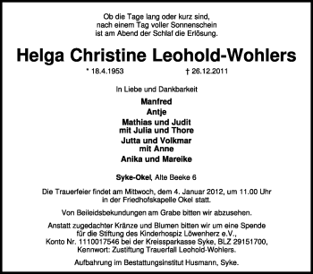 Traueranzeige von Helga Christine Leohold-Wohlers von KREISZEITUNG SYKE