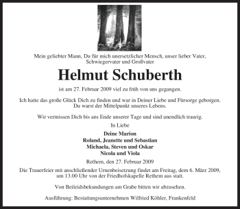 Traueranzeige von Helmut Schuberth von KREISZEITUNG SYKE