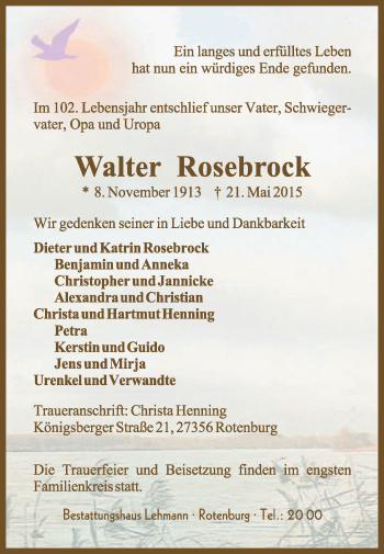 Traueranzeige von Walter Rosebrock von KRZ