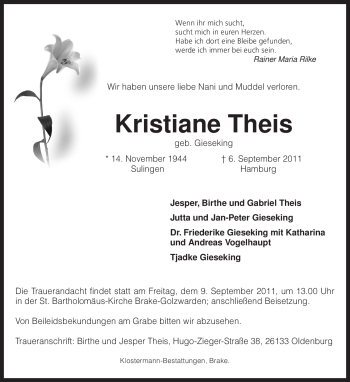 Traueranzeige von Kristiane Theis von KREISZEITUNG SYKE