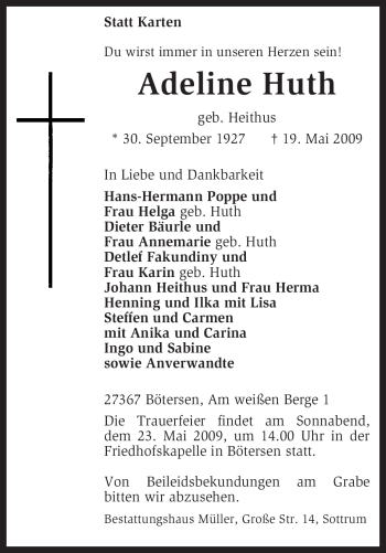 Traueranzeige von Adeline Huth von KREISZEITUNG SYKE