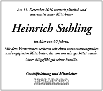 Traueranzeige von Heinrich Suhling von KREISZEITUNG SYKE