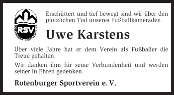 Traueranzeige von Uwe Karstens von KREISZEITUNG SYKE