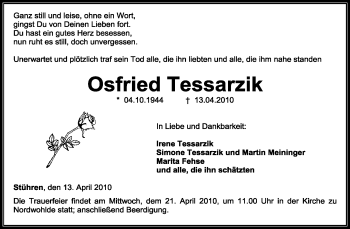 Traueranzeige von Osfried Tessarzik von KREISZEITUNG SYKE