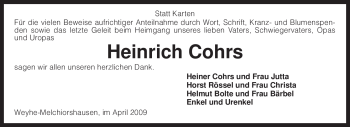 Traueranzeige von Heinrich Cohrs von KREISZEITUNG SYKE