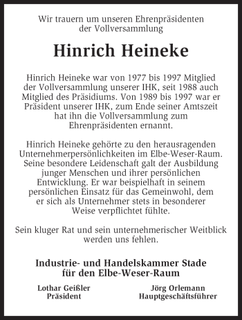 Traueranzeige von Hinrich Heineke von KREISZEITUNG SYKE