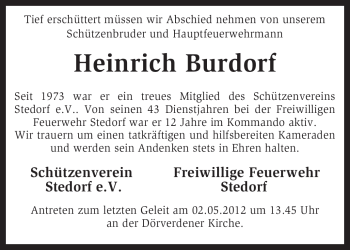 Traueranzeige von Heinrich Burdorf von KREISZEITUNG SYKE