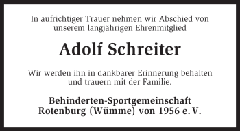 Traueranzeige von Adolf Schreiter von KREISZEITUNG SYKE
