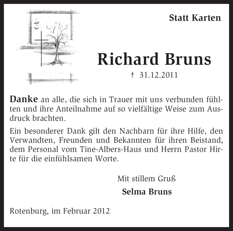  Traueranzeige für Richard Bruns vom 04.02.2012 aus KREISZEITUNG SYKE