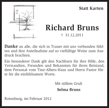 Traueranzeige von Richard Bruns von KREISZEITUNG SYKE