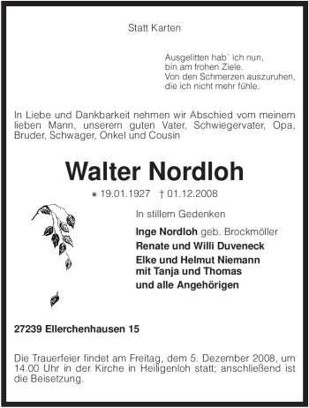 Traueranzeige von Walter Nordloh von KREISZEITUNG SYKE