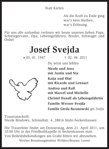 Traueranzeige von Josef Svejda von KREISZEITUNG SYKE