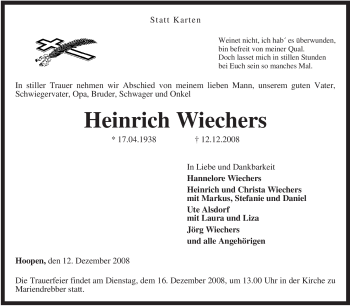 Traueranzeige von Heinrich Wiechers von KREISZEITUNG SYKE