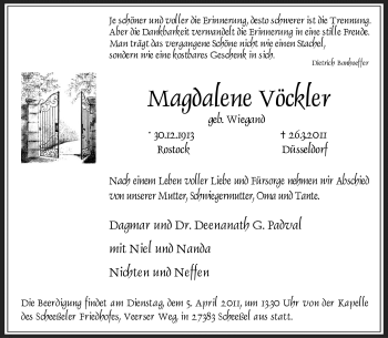 Traueranzeige von Magdalene Vöckler von KREISZEITUNG SYKE