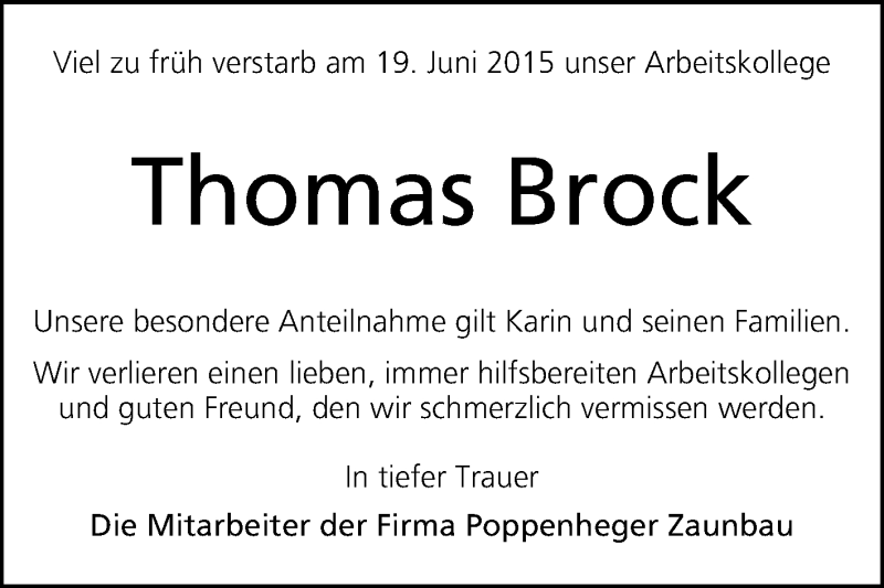  Traueranzeige für Thomas Brock vom 24.06.2015 aus KRZ