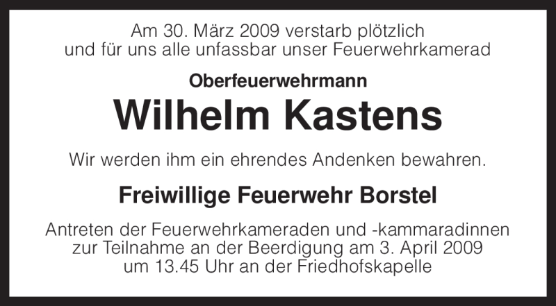  Traueranzeige für Wilhelm Kastens vom 02.04.2009 aus KREISZEITUNG SYKE