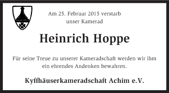 Traueranzeige von Heinrich Hoppe von KRZ