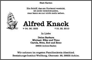 Traueranzeige von Alfred Knack von KREISZEITUNG SYKE