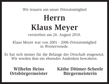 Traueranzeige von Klaus Meyer von KREISZEITUNG SYKE