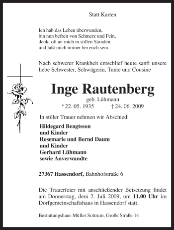 Traueranzeige von Inge Rautenberg von KREISZEITUNG SYKE