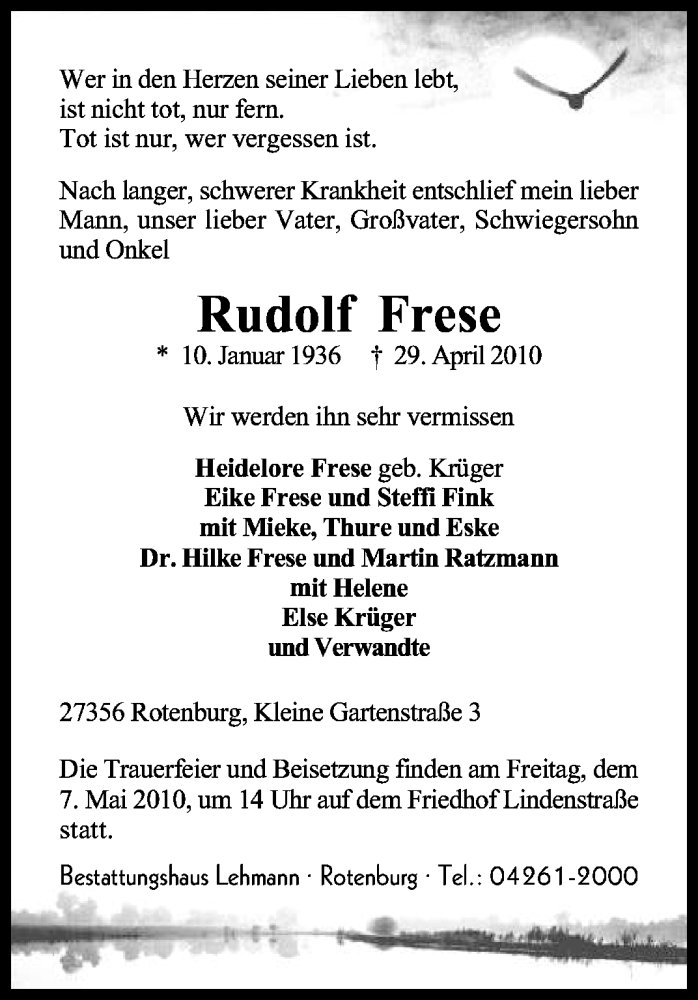  Traueranzeige für Rudolf Frese vom 03.05.2010 aus KREISZEITUNG SYKE