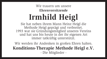 Traueranzeige von Irmhild Heigl von KREISZEITUNG SYKE