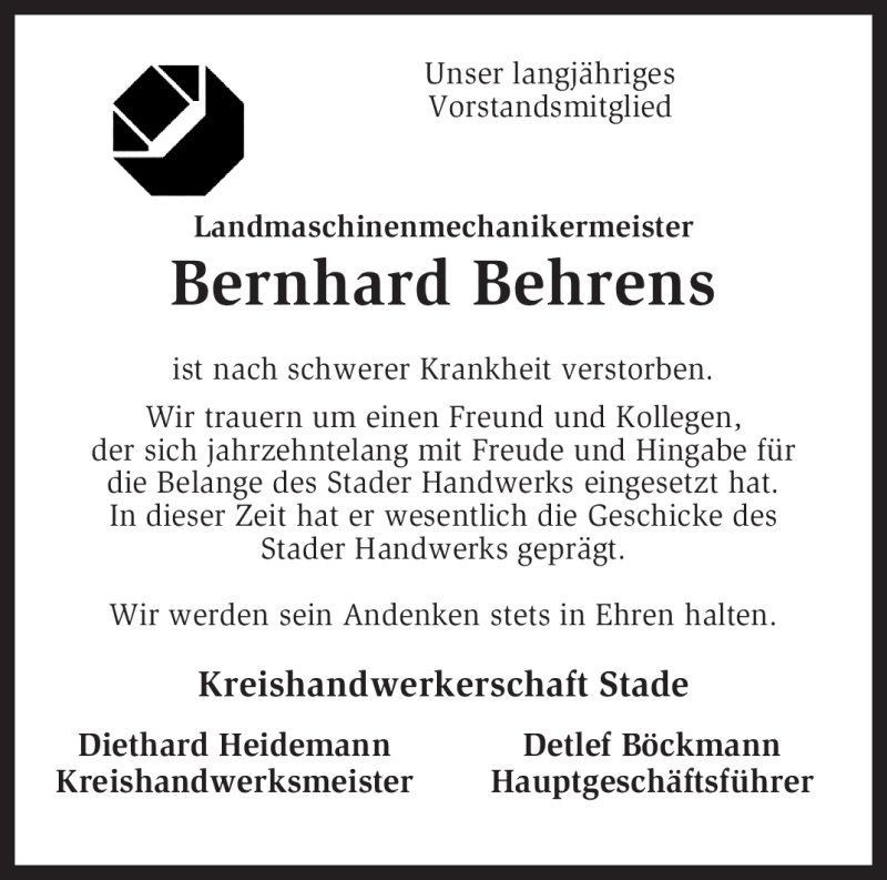  Traueranzeige für Bernhard Behrens vom 24.09.2011 aus KREISZEITUNG SYKE