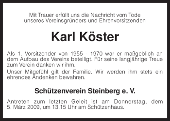 Traueranzeige von Karl Köster von KREISZEITUNG SYKE