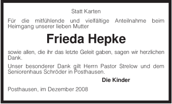 Traueranzeige von Frieda Hepke von KREISZEITUNG SYKE