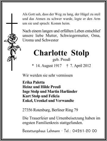 Traueranzeige von Charlotte Stolp von KREISZEITUNG SYKE