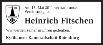 Traueranzeige von Heinrich Fitschen von KREISZEITUNG SYKE