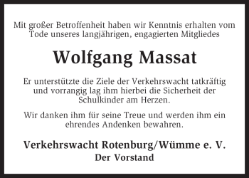 Traueranzeige von Wolfgang Massat von KREISZEITUNG SYKE