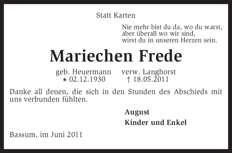  Traueranzeige für Mariechen Frede vom 25.06.2011 aus KREISZEITUNG SYKE