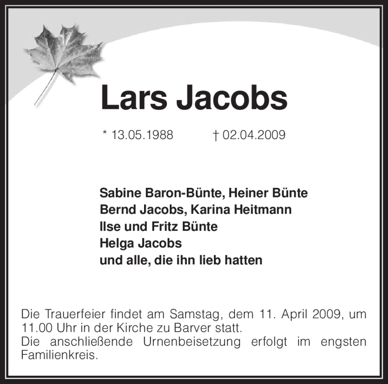  Traueranzeige für Lars Jacobs vom 06.04.2009 aus KREISZEITUNG SYKE