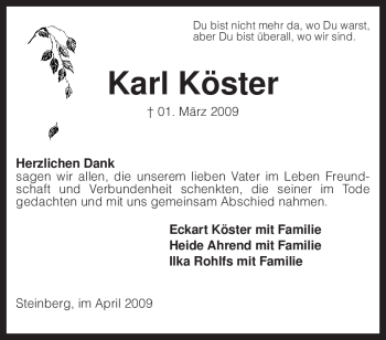 Traueranzeige von Karl Köster von KREISZEITUNG SYKE