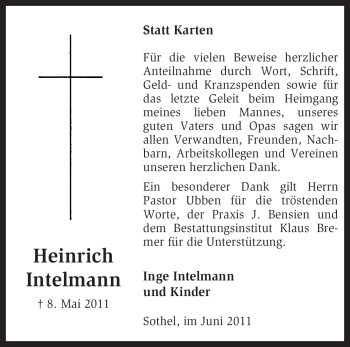 Traueranzeige von Heinrich Intelmann von KREISZEITUNG SYKE