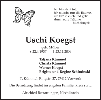 Traueranzeige von Uschi Koegst von KREISZEITUNG SYKE