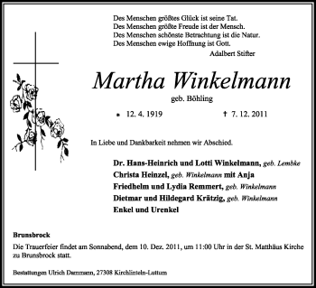 Traueranzeige von Martha Winkelmann von KREISZEITUNG SYKE