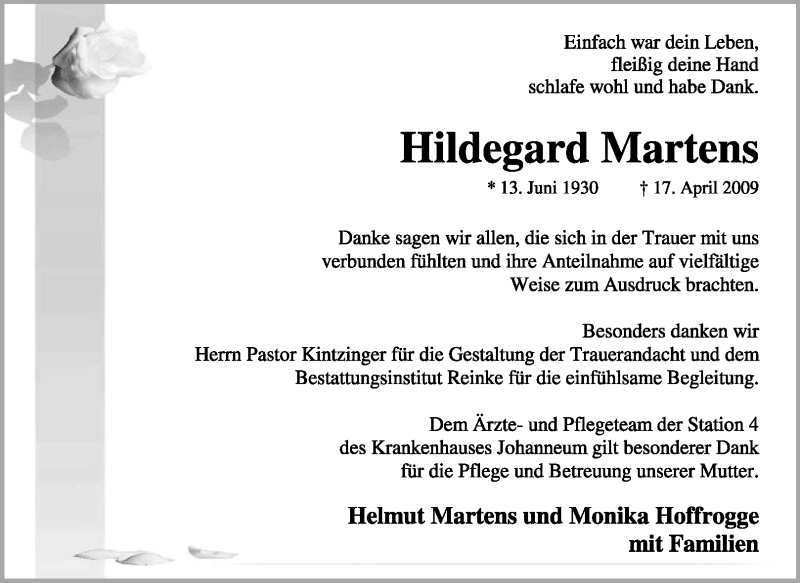  Traueranzeige für Hildegard Martens vom 16.05.2009 aus KREISZEITUNG SYKE