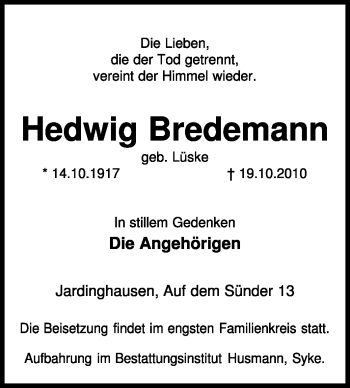 Traueranzeige von Hedwig Bredemann von KREISZEITUNG SYKE